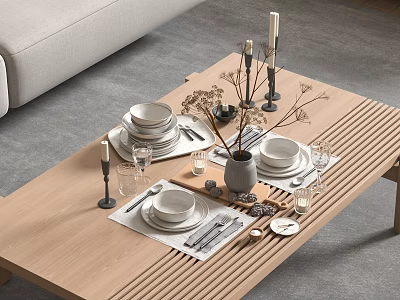 Minimalist Dinnerware Set With White Plates Glasses Cutlery Vase Dried Flowers On Wooden Table 3d model