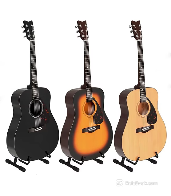 Three Acoustic Guitars In Different Colors On Stands For Musical Instruments 3d model 