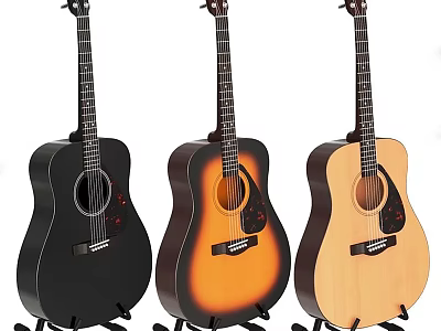 Three Acoustic Guitars In Different Colors On Stands For Musical Instruments 3d model