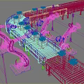 Orange Robotic Arms Handling Green Plant Pots On Automated Conveyor Belt System