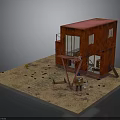 Red Container Building Structure With Sandy Ground Ladder And Platform