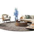 Modern Beige Curved Sofa And Coffee Table Set With Throw Pillows Round Wooden Table And Rug