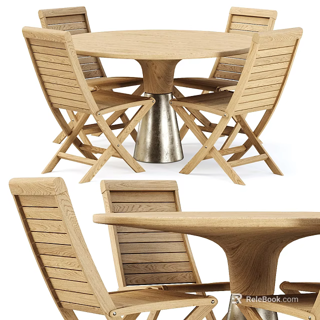 Modern Wooden Table and Foldable Chairs Set with Metal Base Design 3d model 