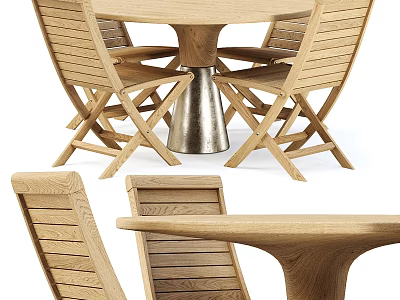 Modern Wooden Table and Foldable Chairs Set with Metal Base Design 3d model