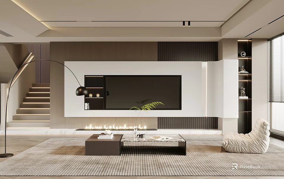 Modern Elegant Living Room Interior With TV Wall Fireplace Rug Plush Sofa And Staircase 3d model 