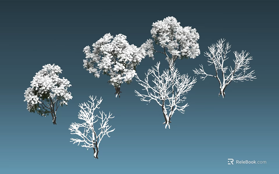 Various Arbor Trees With Lush Foliage And Bare Branches Against Blue Background 3d model 
