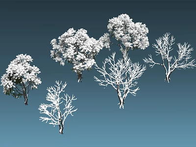 Various Arbor Trees With Lush Foliage And Bare Branches Against Blue Background 3d model