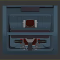 Blue Enclosed Equipment Cabin With Red Seats And Transparent Side Windows
