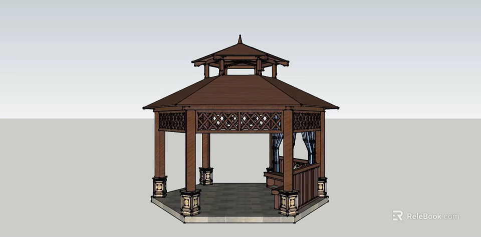 Chinese Style Wooden Pavilion With Hexagonal Roof Carved Design Curtains And Decorative Base 3d model 