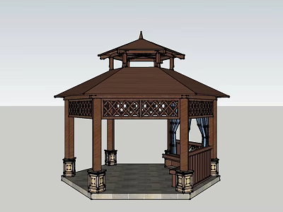Chinese Style Wooden Pavilion With Hexagonal Roof Carved Design Curtains And Decorative Base 3d model