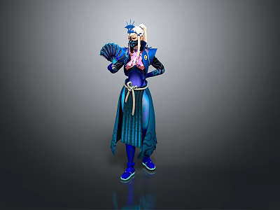 Woman In Blue Traditional Costume Holding Fan With Headpiece And Decorative Belt 3d model