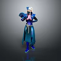 Woman In Blue Traditional Costume Holding Fan With Headpiece And Decorative Belt