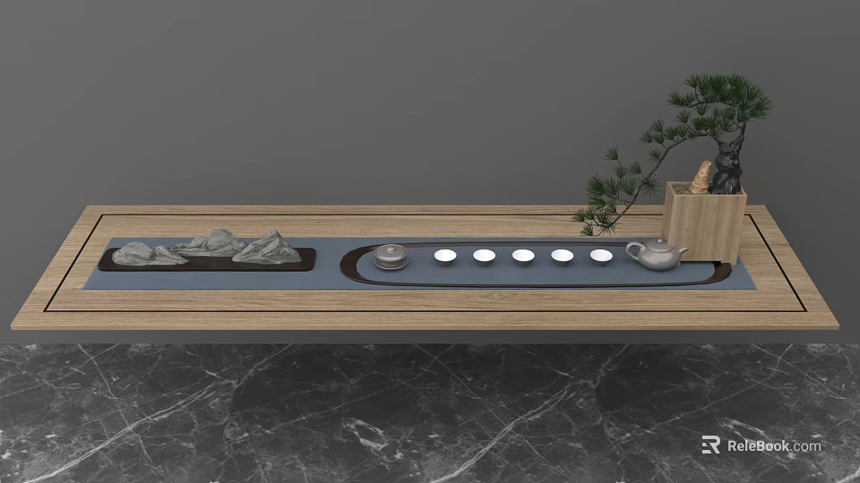 Elegant Tea Set with Teapot Teacups and Rock Ornaments on Wooden Tray with Pine Bonsai 3d model 