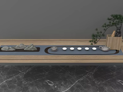 Elegant Tea Set with Teapot Teacups and Rock Ornaments on Wooden Tray with Pine Bonsai 3d model
