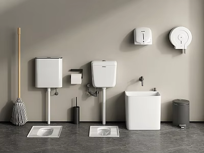 Modern Bathroom Accessories Including Toilet Tanks Wash Basin Toilet Paper Holder Soap Dispenser Trash Can 3d model