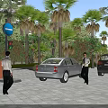 Road Facilities Featuring Blue Traffic Sign Paved Road Palm Trees And Parked Cars