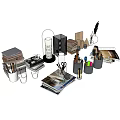 Desk Stationery Collection With Books Pencil Holders Scissors Quill And Photo Frames