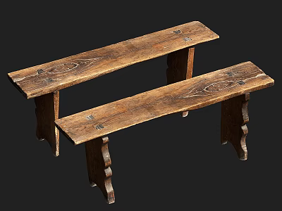 Rustic Wooden Dining Table Set With Two Benches And Carved Legs Natural Grain 3d model