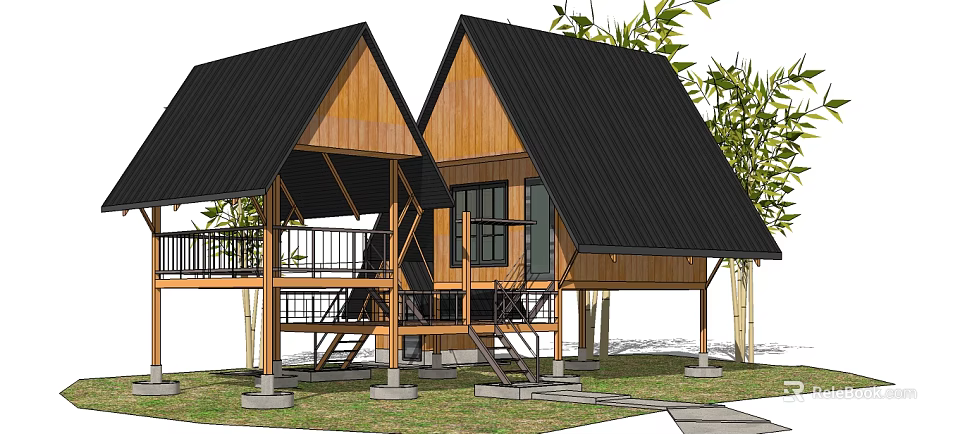 Twin Gabled Wooden House With Black Roof Balcony Stairs And Bamboo Trees 3d model 