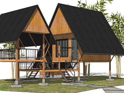 Twin Gabled Wooden House With Black Roof Balcony Stairs And Bamboo Trees 3d model