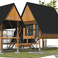 Twin Gabled Wooden House With Black Roof Balcony Stairs And Bamboo Trees