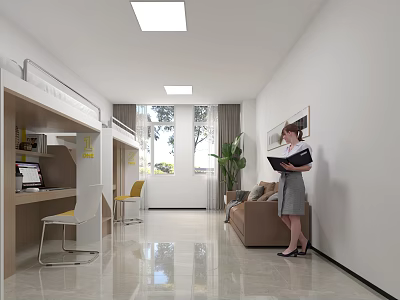 Modern Room Interior With Bunk Bed Desk Sofa Window Plant And Person Holding Folder 3d model