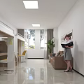 Modern Room Interior With Bunk Bed Desk Sofa Window Plant And Person Holding Folder
