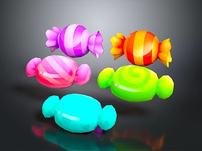 Colorful Striped Candies In Various Colors With Bow Shapes And Glossy Surface 3d model