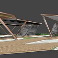 Modern Wooden Pergola With Geometric Support Beams Shaded Roof And Wooden Deck