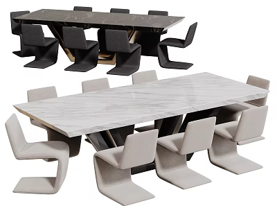 Modern Table and Chair Set with Marble Top and Sleek Black Grey Seats 3d model