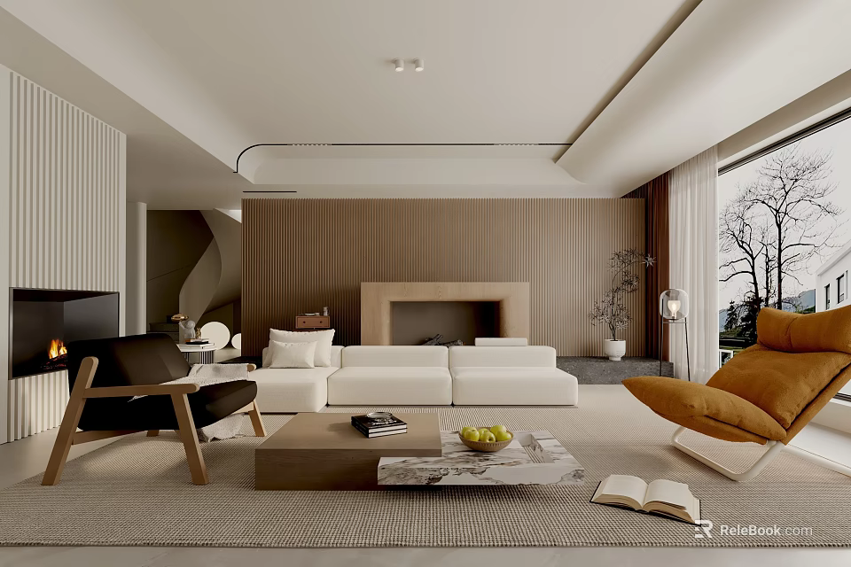 Modern Living Room Interior With Wooden Wall Fireplace Sofa Large Window And Coffee Table 3d model 