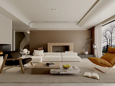 Modern Living Room Interior With Wooden Wall Fireplace Sofa Large Window And Coffee Table 3d model