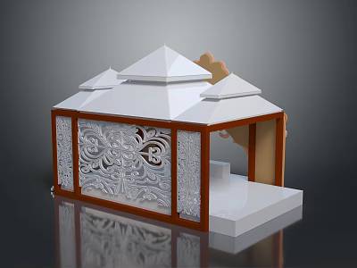 Display Cabinet Shelf With White Roof Brown Frame And Carved Decorative Design 3d model