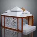 Display Cabinet Shelf With White Roof Brown Frame And Carved Decorative Design