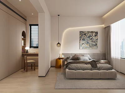 Modern Bedroom Interior Design With Large Bed Decorative Artwork And Wooden Floor 3d model