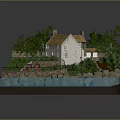Seaside Cottage With White Walls Yellow Roof Green Trees Rocky Shore And Blue Water