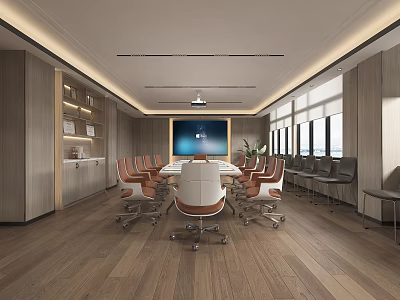 Modern Spacious Conference Room With Wooden Floor Ergonomic Chairs Projection Screen And Large Windows 3d model