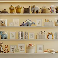Cute Stuffed Toys Display on Shelves with Photo Frames Books and Baskets