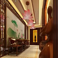 Traditional Chinese Clubhouse With Lotus Decor Wooden Walls Warm Lighting Murals And Reception Desk