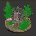 Cartoon Scene Featuring Small Gray House with Chimney Green Trees and Pink Flower Garden