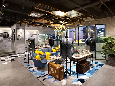 Elegant Fashion Clothing Store Interior With Suit Mannequins Sofa Chandelier And Large Windows 3d model