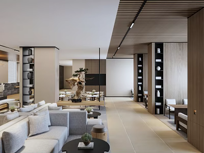 Modern Casual Lounge Area Interior Design With Gray Sofas Wooden Bookshelves And Green Plants 3d model