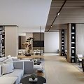 Modern Casual Lounge Area Interior Design With Gray Sofas Wooden Bookshelves And Green Plants
