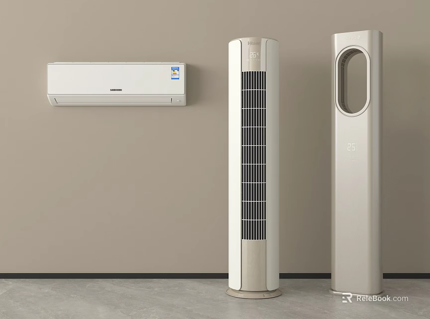 Modern Wall Mounted Air Conditioner and Vertical Tower Fans in Minimalist Room 3d model 