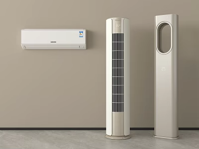 Modern Wall Mounted Air Conditioner and Vertical Tower Fans in Minimalist Room 3d model