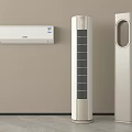 Modern Wall Mounted Air Conditioner and Vertical Tower Fans in Minimalist Room