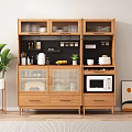 Wooden Sideboard With Open Shelves Mesh Design Cabinet Drawers And Containers Near Potted Plant Artwork