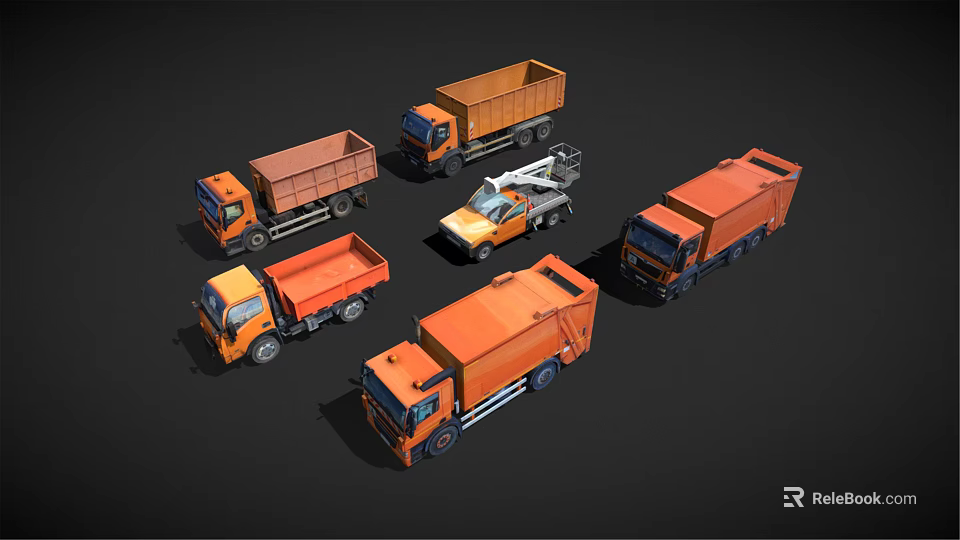 Five Orange Trucks Various Types Including Dump Garbage And Crane Trucks Against Black Background 3d model