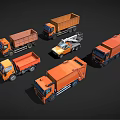 Five Orange Trucks Various Types Including Dump Garbage And Crane Trucks Against Black Background 3d model