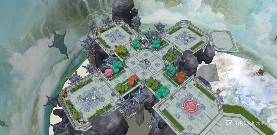 Ancient Architectural Complex Featuring Symmetrical Courtyards Traditional Pavilions and Rocky Landscapes 3d model 